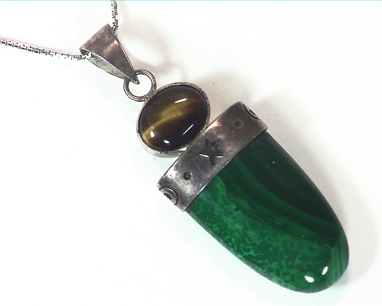 Malachite And Tiger Eye Natural Genuine Gemstone Sterling Silver Pendant PSS,813