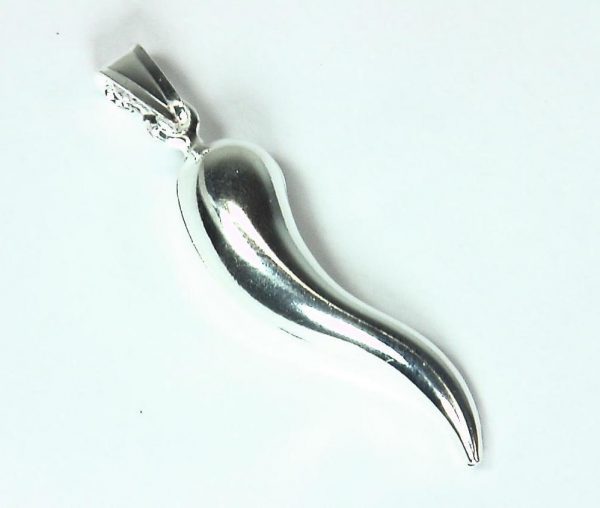 Beautiful Italian Horn Good Luck Rhodium Plated Sterling Silver Necklace 18″ 4