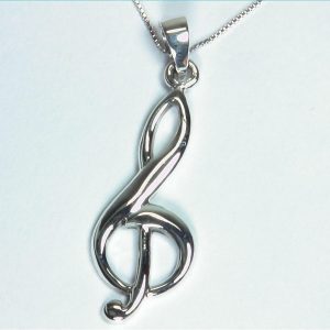 Beautiful Treble Clef (Music Note) Rhodium Plated Sterling Silver Necklace 18